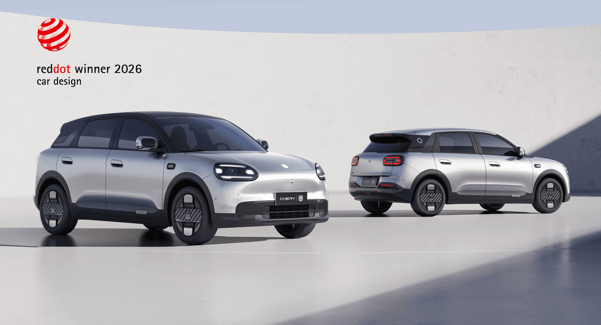 The fully electric Chery Q showcases its distinctive "Square-Round Harmony" exterior, recognized as a 2026 Red Dot Product Design Award winner.