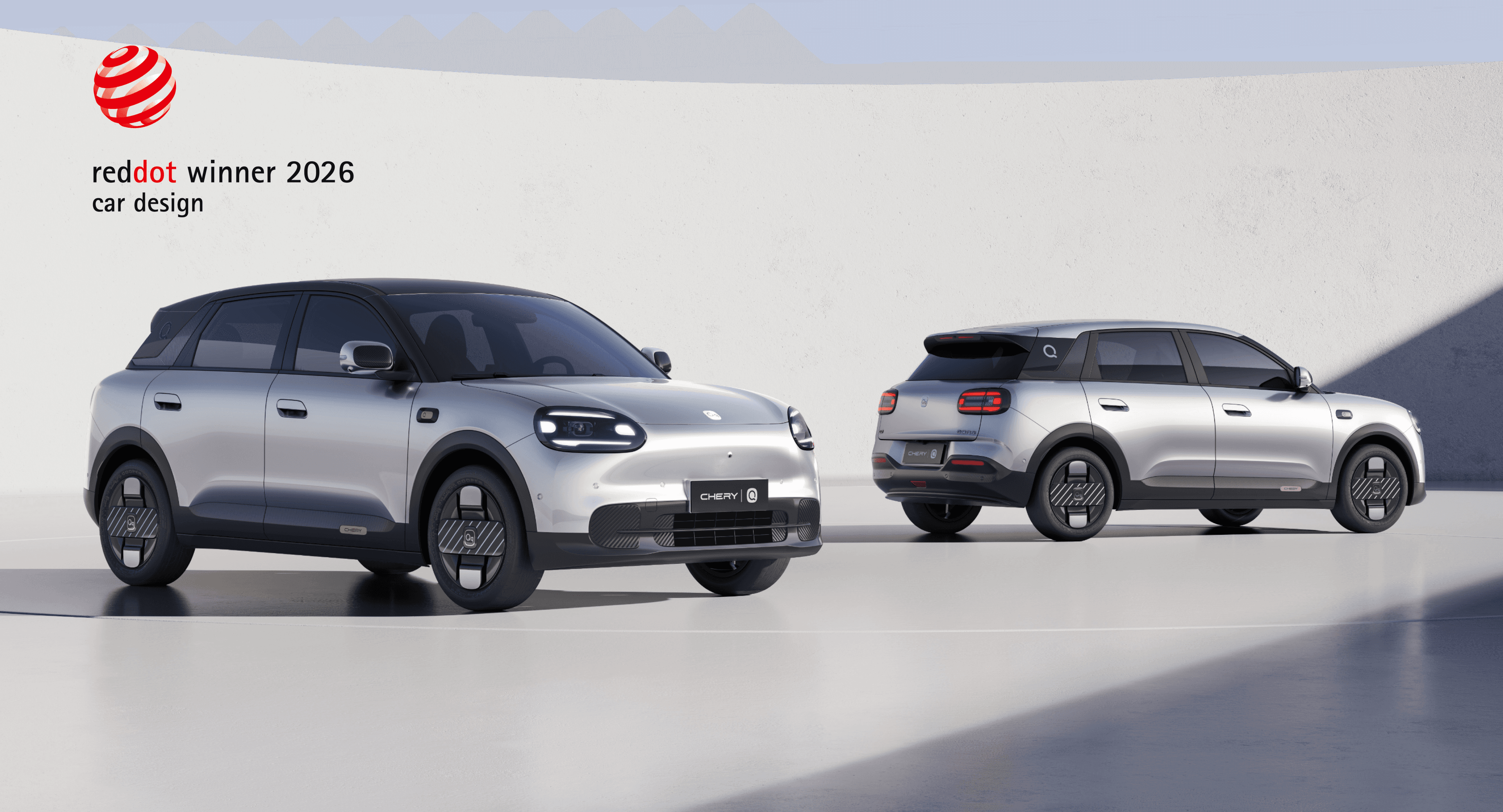 The fully electric Chery Q showcases its distinctive "Square-Round Harmony" exterior, recognized as a 2026 Red Dot Product Design Award winner.